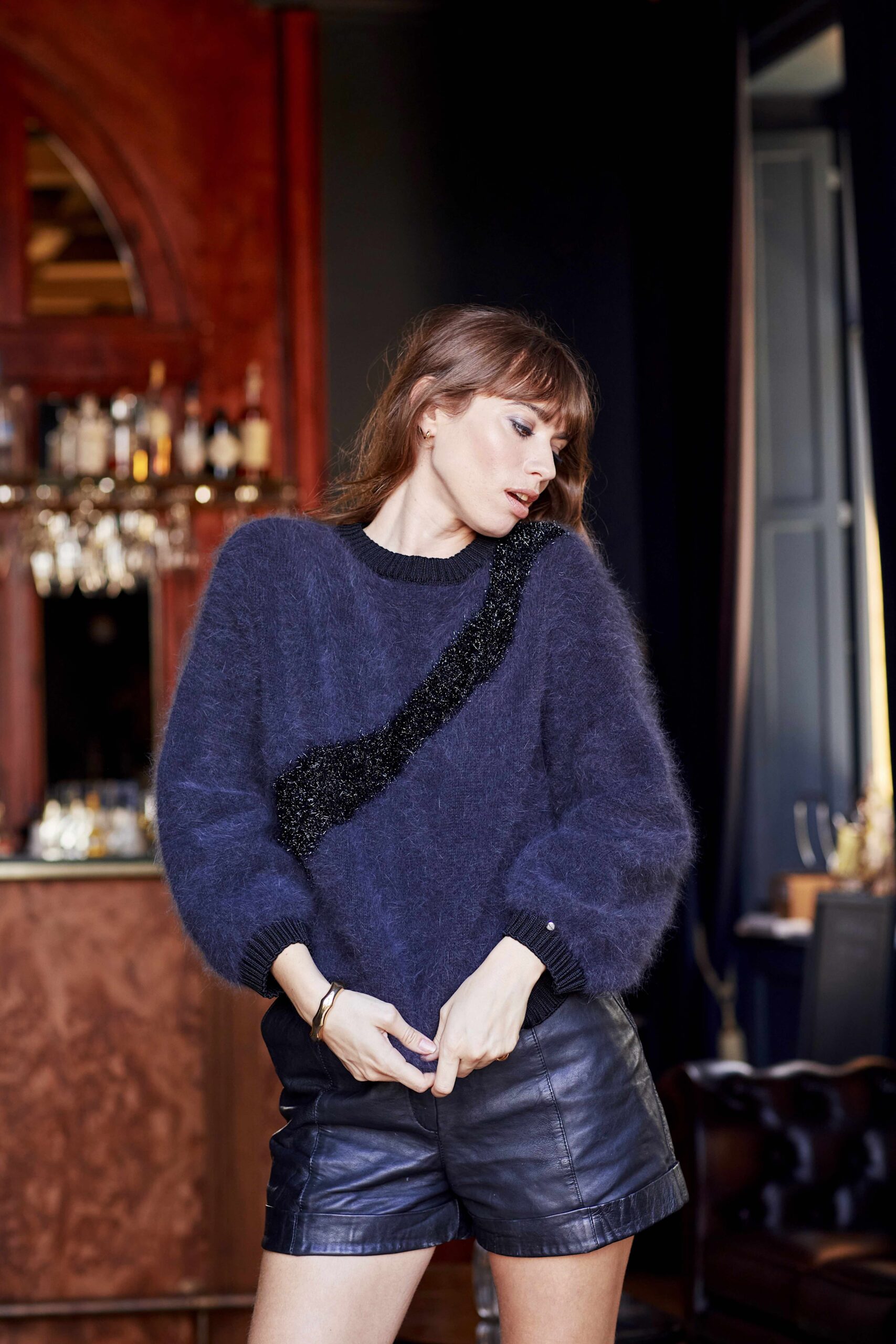 Pull Femme Angora Anny Blatt Bleu Sombre Avec Rayures Noires - Taille XL - Neuf Sans étiquettes